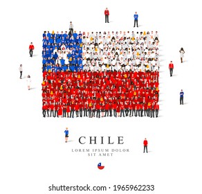 A large group of people are standing in blue, white and red robes, symbolizing the flag of Chile. Vector illustration isolated on white background. Chile flag made of people.