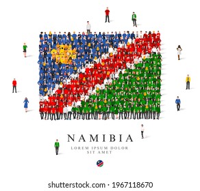 A large group of people are standing in blue, green, yellow, white and red robes, symbolizing the flag of Namibia. Vector illustration isolated on white background. Namibia flag made from people.