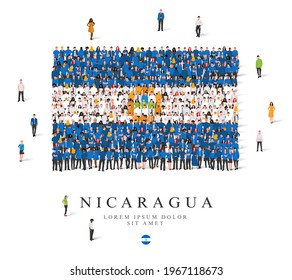 A large group of people are standing in blue, white and yellow robes, symbolizing the flag of Nicaragua. Vector illustration isolated on white background. Nicaragua flag made of people.