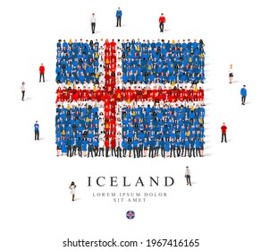 A large group of people are standing in blue, white and red robes, symbolizing the flag of Iceland. Vector illustration isolated on white background. Iceland flag made from people.