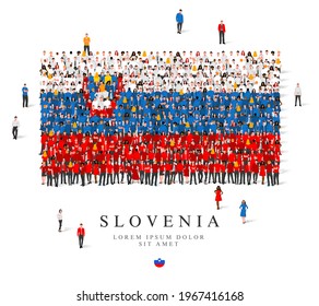 A large group of people are standing in blue, white, yellow and red robes, symbolizing the flag of Slovenia. Vector illustration isolated on white background. Slovenia flag made from people.