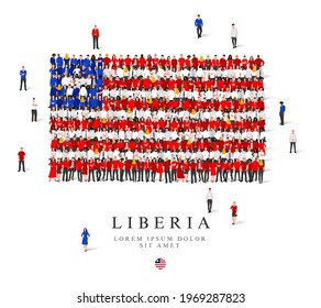 A large group of people are standing in blue, white and red robes, symbolizing the flag of Liberia. Vector illustration isolated on white background. Liberia flag made from people.