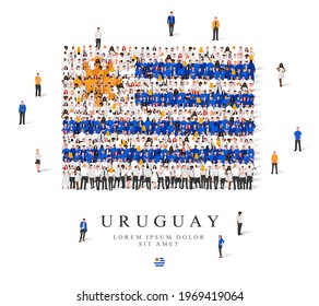 A large group of people are standing in blue, white and yellow robes, symbolizing the flag of Uruguay. Vector illustration isolated on white background. Uruguay flag made from people.