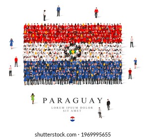 A large group of people are standing in blue, black, white and red robes, symbolizing the flag of Paraguay. Vector illustration isolated on white background. Paraguay flag made from people.