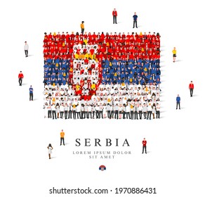 A large group of people are standing in blue, yellow, white and red robes, symbolizing the flag of Serbia. Vector illustration isolated on white background. Serbia flag made from people.