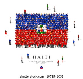 A large group of people are standing in blue, green, white and red robes, symbolizing the flag of Haiti. Vector illustration isolated on white background. Haiti flag made of people.