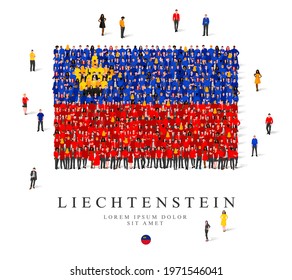 A large group of people are standing in blue, yellow, black and red robes, symbolizing the flag of Liechtenstein. Vector illustration isolated on white background. Liechtenstein flag made of people.