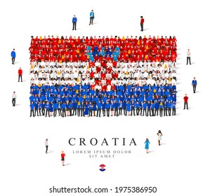 A large group of people are standing in blue, white and red robes, symbolizing the flag of Croatia. Vector illustration isolated on white background. Croatia flag made from people.
