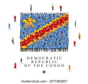 A large group of people are standing in blue, yellow and red robes, symbolizing the flag of the Democratic Republic of Congo. Vector illustration isolated on white background.