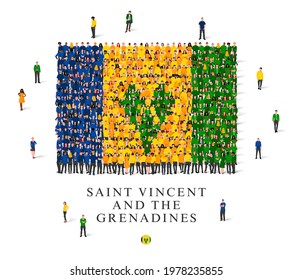 A large group of people are standing in blue, yellow and green robes, symbolizing the flag of Saint Vincent and the Grenadines. Vector illustration isolated on white background. Flag made of people.