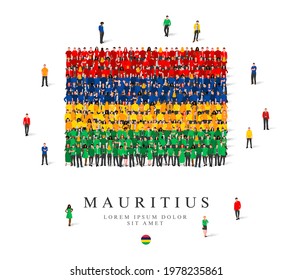 A large group of people are standing in blue, green, yellow and red robes, symbolizing the flag of Mauritius. Vector illustration isolated on white background. Italy flag made from people.