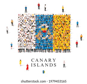A large group of people are standing in blue, white and yellow robes, symbolizing the flag of the Canary Islands. Vector illustration isolated on white background. Canary Islands flag from people.