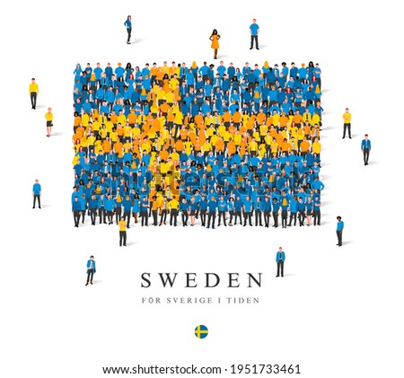A large group of people are standing in blue and yellow robes, symbolizing the flag of Sweden. Vector illustration isolated on white background. Sweden flag made of people.