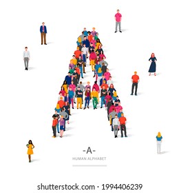 Un gran grupo de personas está de pie con ropas de colores en forma de la letra A. El concepto del alfabeto humano. Ilustración vectorial aislada en fondo blanco.