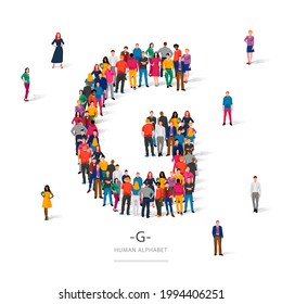 A large group of people is standing in colored clothes in the shape of the letter G. The concept of the human alphabet. Vector illustration isolated on white background.