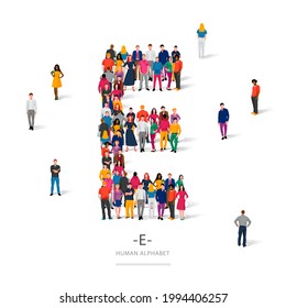 A large group of people is standing in colored clothes in the shape of the letter E. The concept of the human alphabet. Vector illustration isolated on white background.