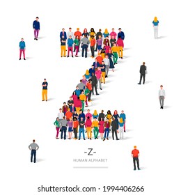 Un gran grupo de personas está de pie con ropas de colores en forma de la letra Z. El concepto del alfabeto humano. Ilustración vectorial aislada en fondo blanco.