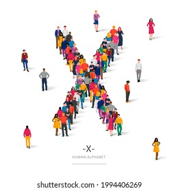 Un gran grupo de personas está de pie con ropas de colores en forma de la letra X. El concepto del alfabeto humano. Ilustración vectorial aislada en fondo blanco.