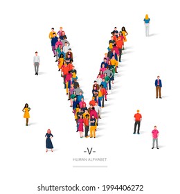 Eine große Gruppe von Menschen steht in farbiger Kleidung in Form des Buchstaben V. Das Konzept des menschlichen Alphabets. Vektorgrafik einzeln auf weißem Hintergrund.