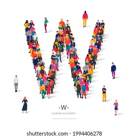 A large group of people is standing in colored clothes in the shape of the letter W. The concept of the human alphabet. Vector illustration isolated on white background.