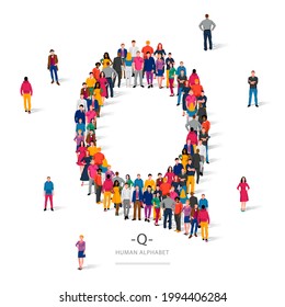 Un gran grupo de personas está de pie con ropas de colores en forma de la letra Q. El concepto del alfabeto humano. Ilustración vectorial aislada en fondo blanco.