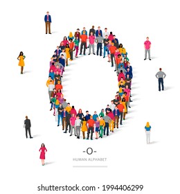 A large group of people is standing in colored clothes in the shape of the letter O. The concept of the human alphabet. Vector illustration isolated on white background.