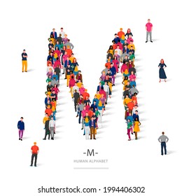 A large group of people is standing in colored clothes in the shape of the letter M. The concept of the human alphabet. Vector illustration isolated on white background.