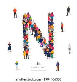 Un gran grupo de personas está de pie con ropas de colores en forma de la letra N. El concepto del alfabeto humano. Ilustración vectorial aislada en fondo blanco.