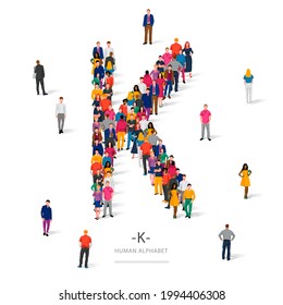 Un gran grupo de personas está de pie con ropas de colores en forma de la letra K. El concepto del alfabeto humano. Ilustración vectorial aislada en fondo blanco.