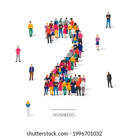 A large group of people is standing in colored clothes in the shape of the number 2. The concept of human numbers. Vector illustration isolated on white background.