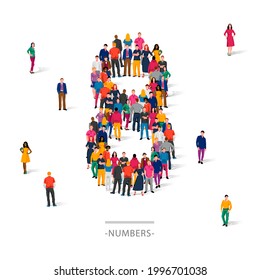 A large group of people is standing in colored clothes in the shape of the number 8. The concept of human numbers. Vector illustration isolated on white background.
