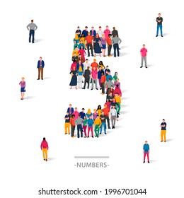 A large group of people is standing in colored clothes in the shape of the number 5. The concept of human numbers. Vector illustration isolated on white background.