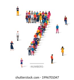 A large group of people is standing in colored clothes in the shape of the number 7. The concept of human numbers. Vector illustration isolated on white background.