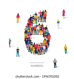 Un gran grupo de personas está de pie con ropas de colores en la forma del número 6. El concepto de números humanos. Ilustración vectorial aislada en fondo blanco.