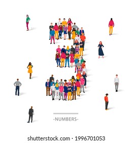 A large group of people is standing in colored clothes in the shape of the number 3. The concept of human numbers. Vector illustration isolated on white background.