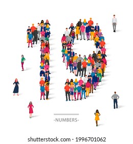 A large group of people is standing in colored clothes in the shape of the number 19. The concept of human numbers. Vector illustration isolated on white background.