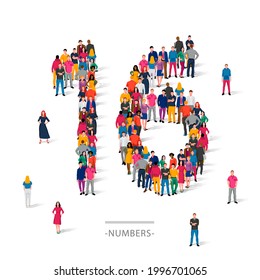 A large group of people is standing in colored clothes in the shape of the number 16. The concept of human numbers. Vector illustration isolated on white background.