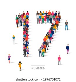 A large group of people is standing in colored clothes in the shape of the number 17. The concept of human numbers. Vector illustration isolated on white background.