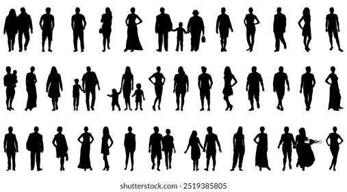 Large group of people standing in different positions, full length silhouette. Vector illustration
