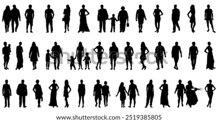 Large group of people standing in different positions, full length silhouette. Vector illustration
