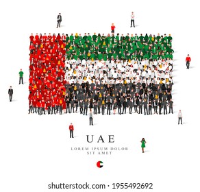 A large group of people are standing in green, white, black and red robes, symbolizing the flag of the United Arab Emirate. Vector illustration isolated on white background. UAE flag made from people.