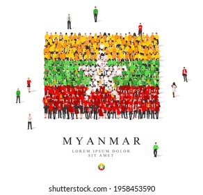 A large group of people are standing in green, yellow, white and red robes, symbolizing the flag of Myanmar. Vector illustration isolated on white background. Myanmar flag made from people.