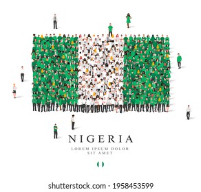 A large group of people are standing in green and white robes, symbolizing the flag of Nigeria. Vector illustration isolated on white background. Nigeria flag made from people.