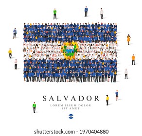 A large group of people are standing in green, white, blue and yellow robes, symbolizing the flag of El Salvador. Vector illustration isolated on white background. El Salvador flag made from people.