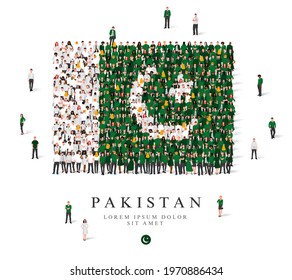 A large group of people are standing in green and white robes, symbolizing the flag of Pakistan. Vector illustration isolated on white background. Pakistan flag made of people.