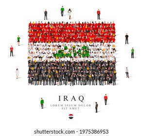 A large group of people are standing in green, white, black and red robes, symbolizing the flag of Iraq. Vector illustration isolated on white background. Iraqi flag made of people.