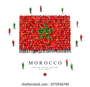 A large group of people are standing in green and red robes, symbolizing the flag of Morocco. Vector illustration isolated on white background. Morocco flag made from people.