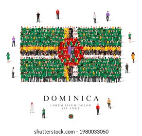 A large group of people are standing in green, yellow, black, white and red robes, symbolizing the flag of Dominica. Vector illustration isolated on white background. Dominica flag made of people.