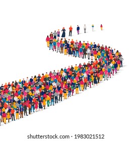 A large group of people are standing in a long line. Crowd. Sale, road, promotion concept. Vector illustration isolated on white background.