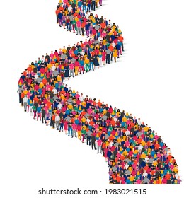 A large group of people are standing in a long line. Crowd. Sale, road, promotion concept. Vector illustration isolated on white background.